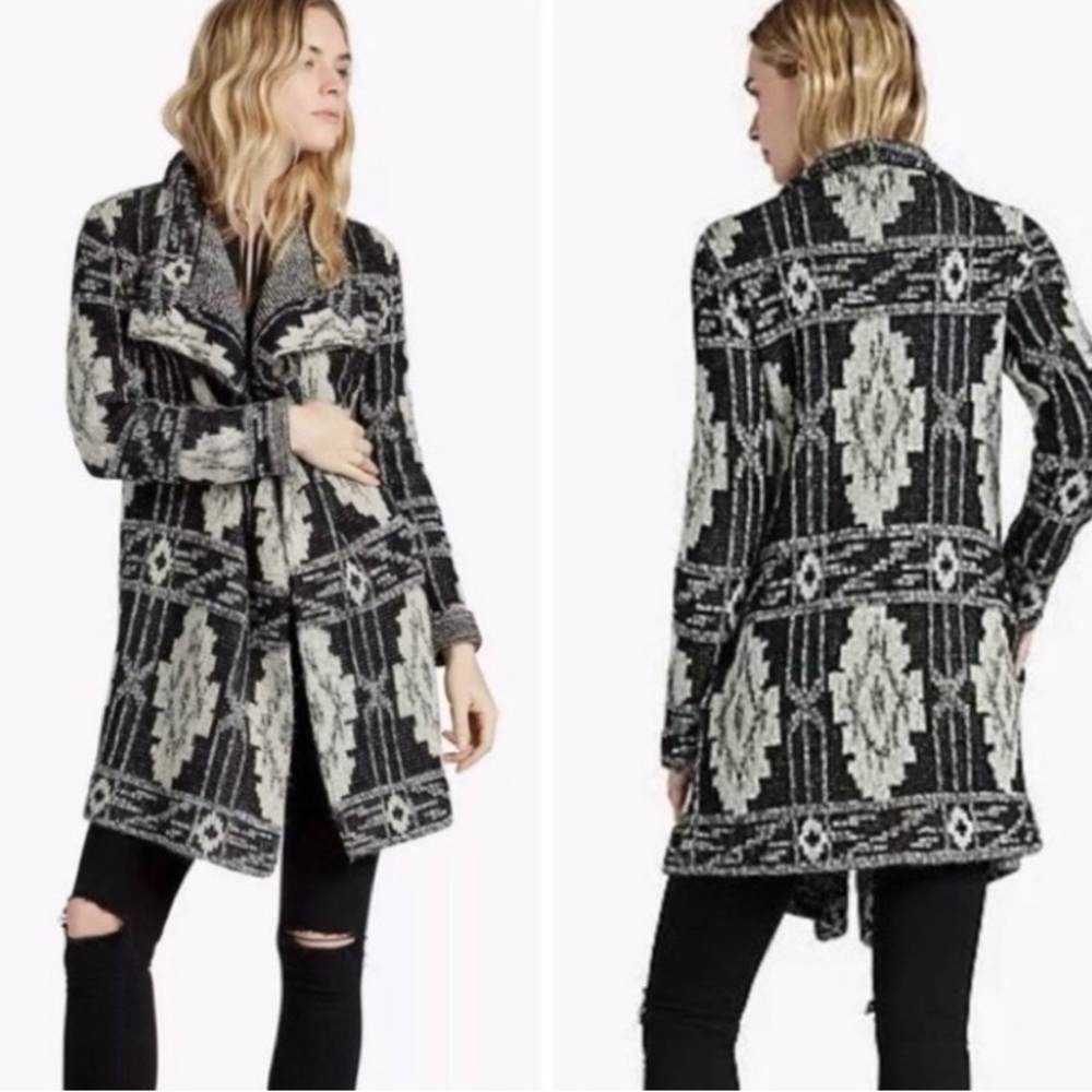 Lucky Brand Cardigan, Sz. S, Black/Silver/Oatmeal Color, Aztec Design